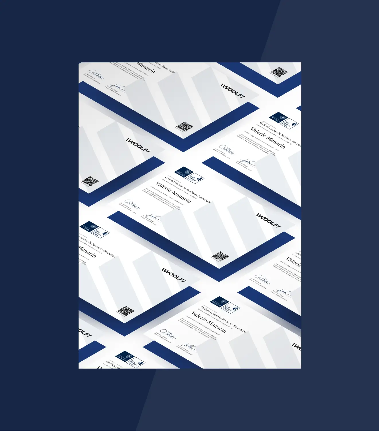 Multiple certificates for an Oxford course in Business Essentials awarded to Valerie Manarin with IWoolfi branding and QR codes.
