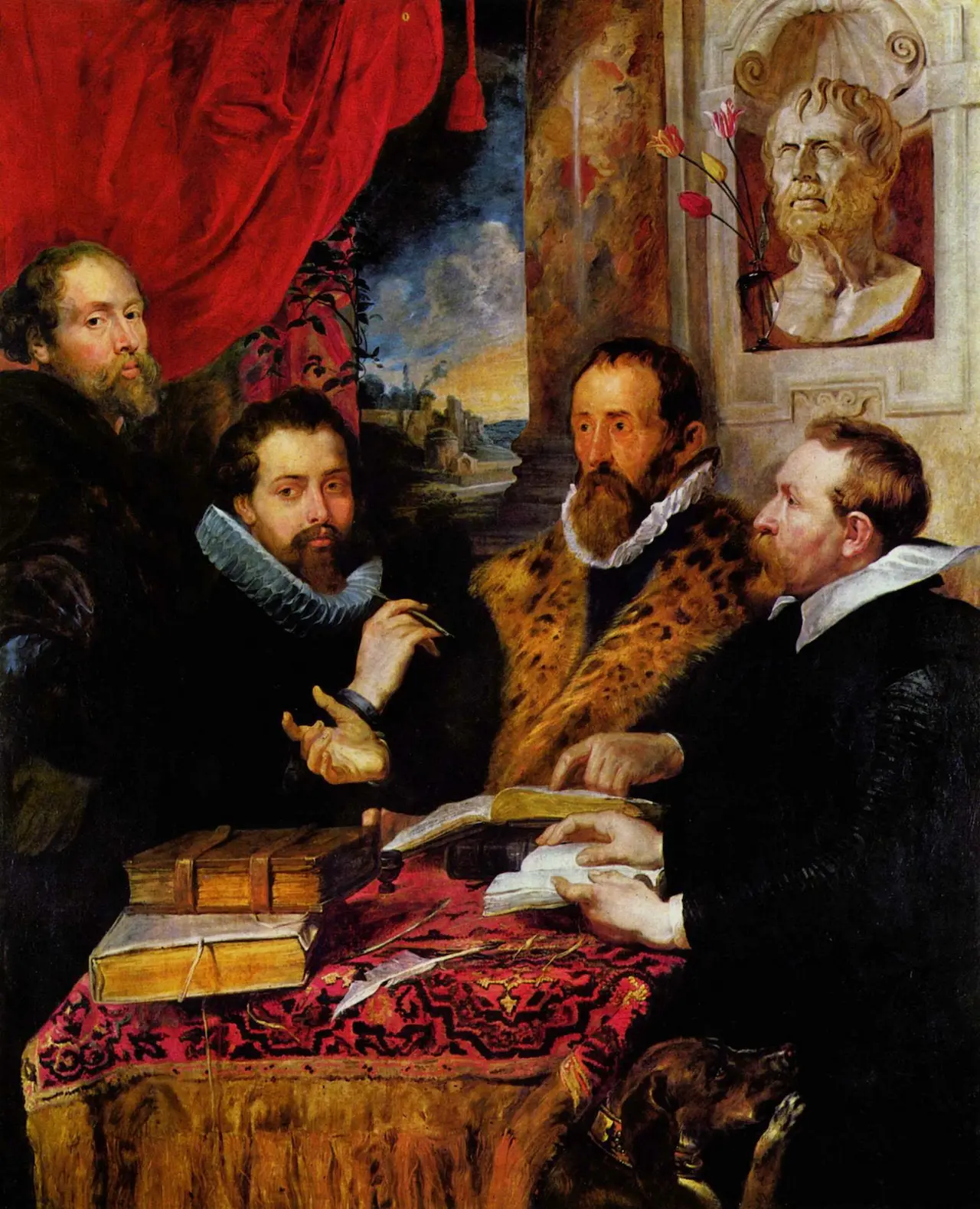 A classical oil painting depicting a group of four European men